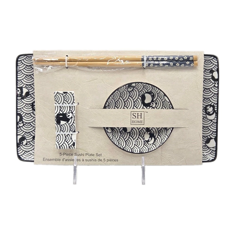 SH Home 5pc Ceramic Sushi Plate Set Seigaiha Waves & Pandas Black White 11"x6"